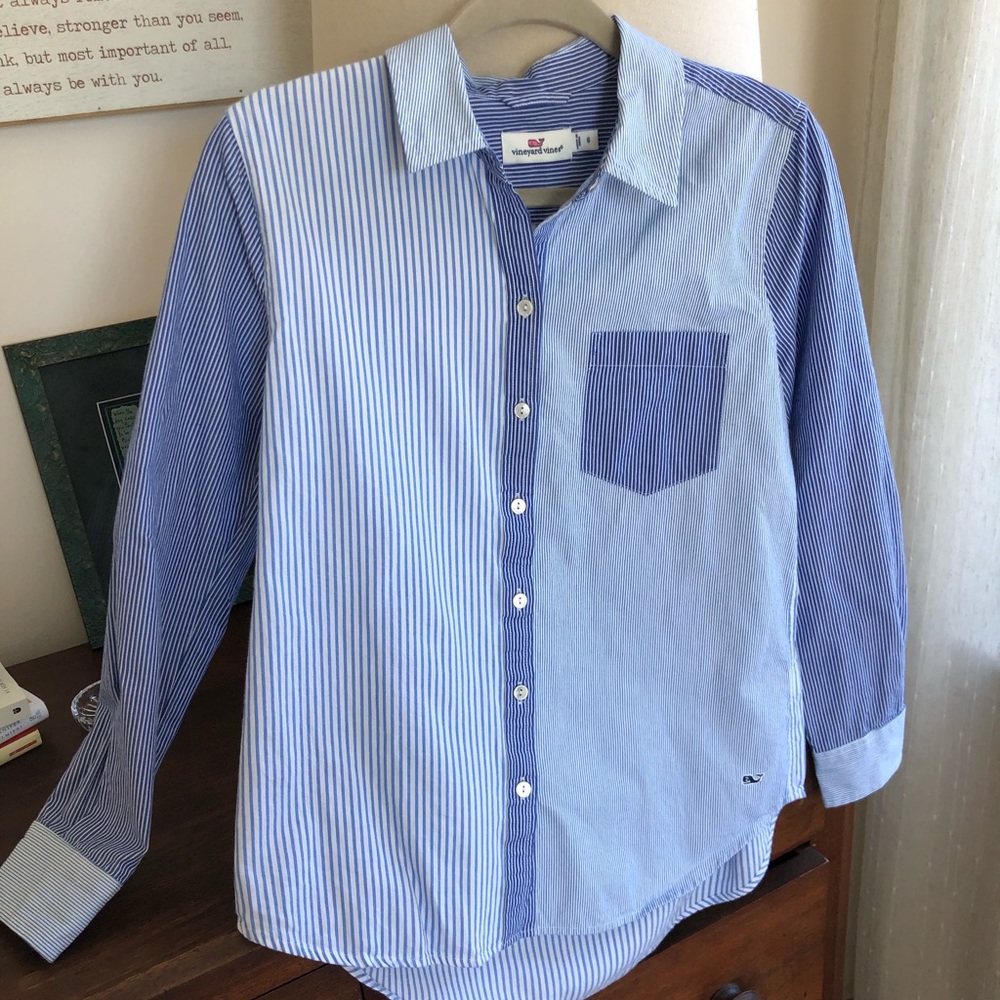 Vineyard Vines Blue+White Striped Button-Down Top